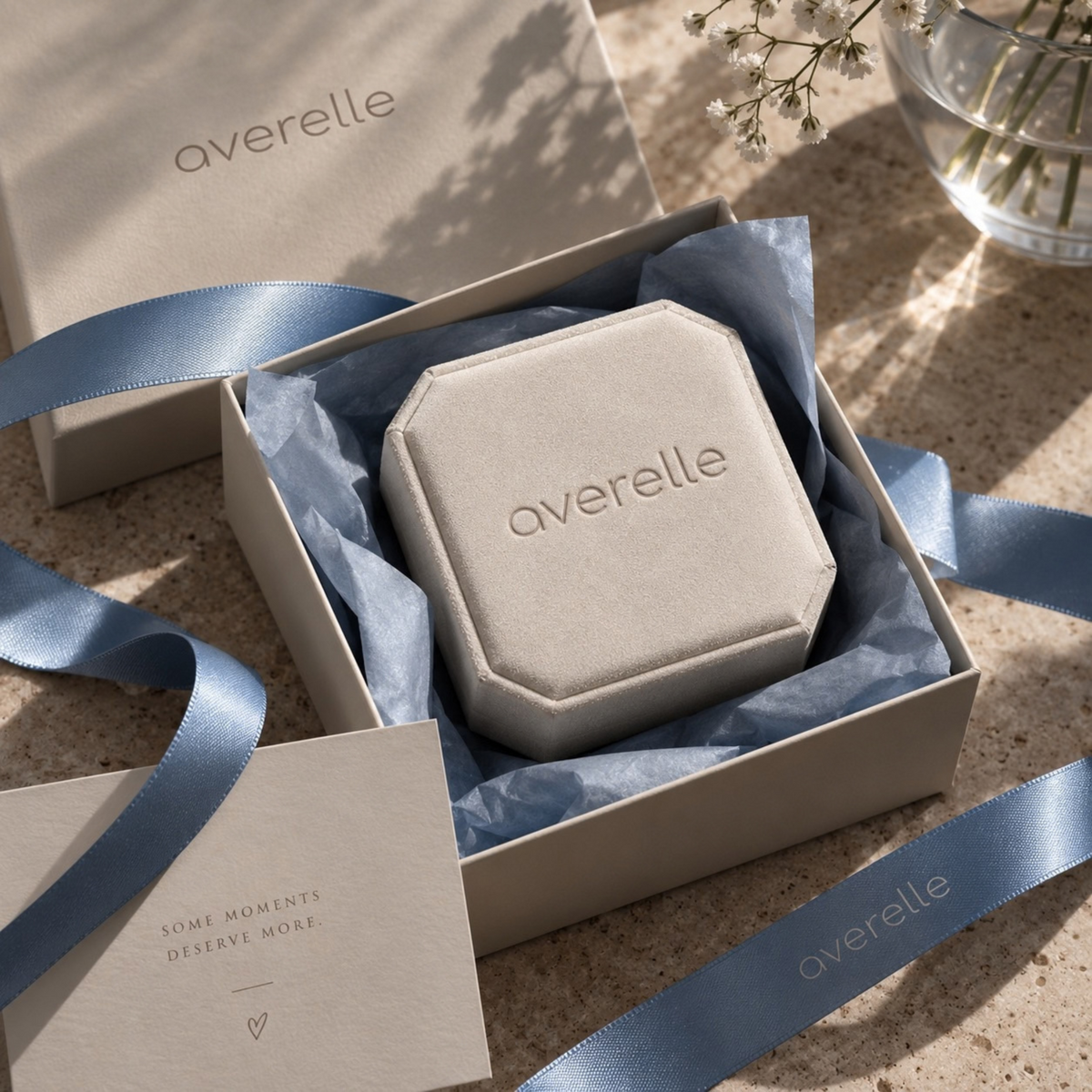 AVERELLE Geschenkverpackung mit Schmuckbox, blauem Band und Karte