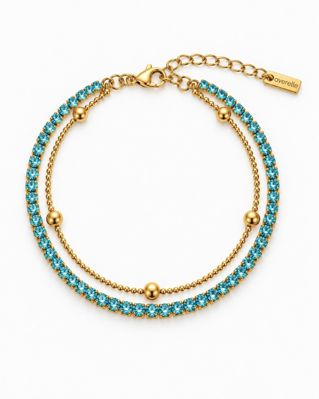 AVERELLE Doppelarmband Gold für Damen mit türkisem Zirkonia, 18K vergoldet – Ansicht 1
